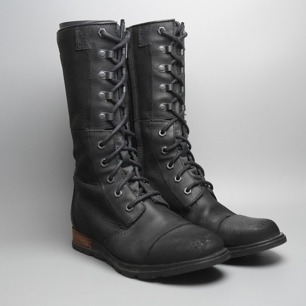 Sorel Slimpack Riding Boot Black Leather Lace Up Side Zip Mid Calf NL2110-010